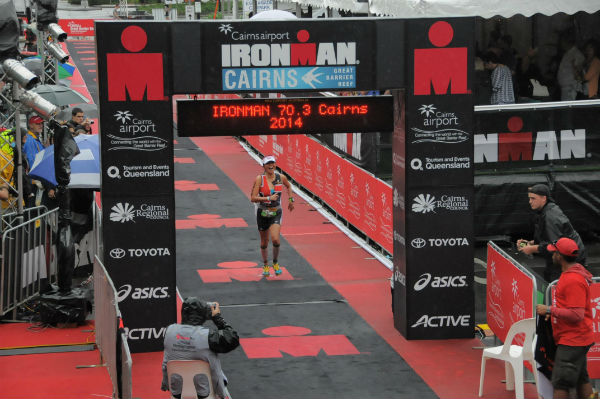 Cecile Hufana finishing Ironman 70.3 Cairns six months after her bike crash