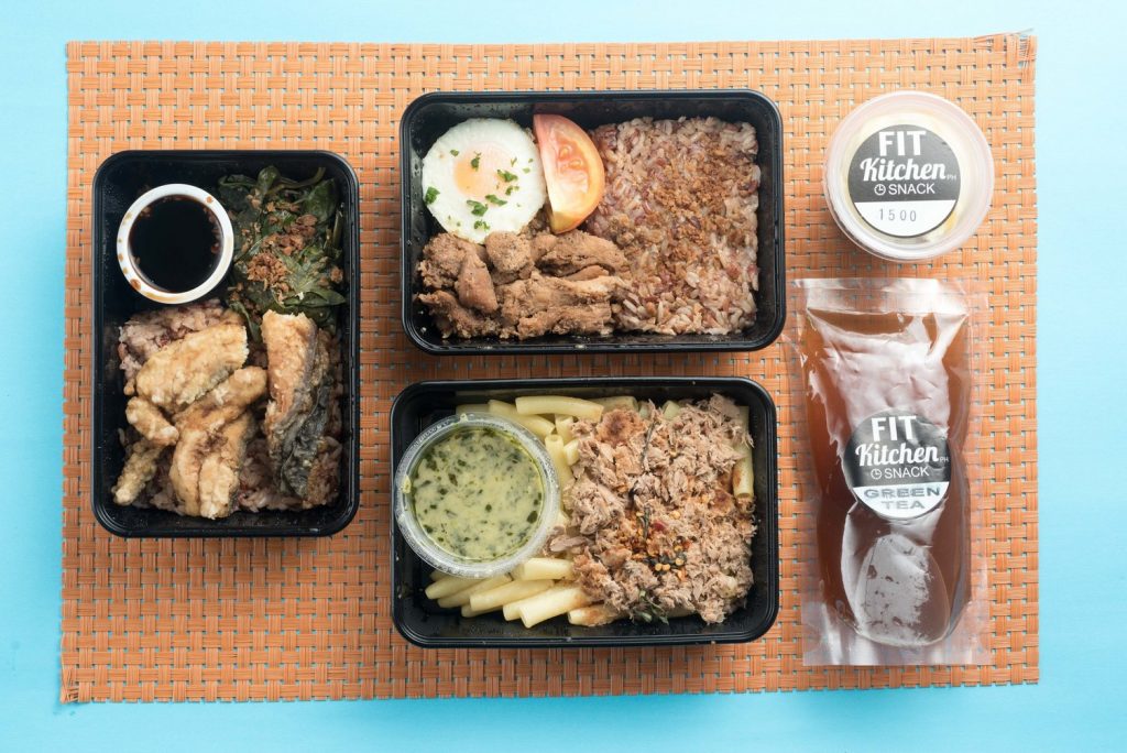 Healthy food: Fried bangus with dipping sauce, veggies, and brown rice, chicken tocino with egg and garlic rice, Pinoy moringa and tuna pasta, cheese puto and house tea