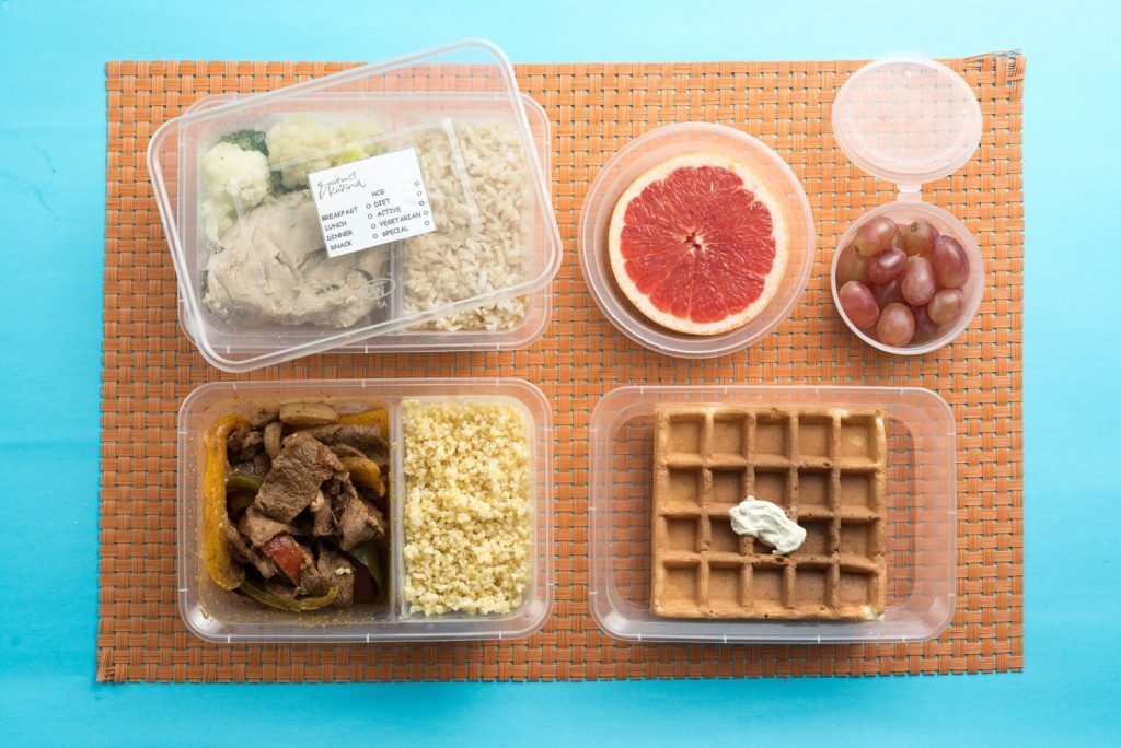 Healthy food: Garlic tarragon chicken, mixed pepper beef, cauliflower waffles, and grapefruit and grapes