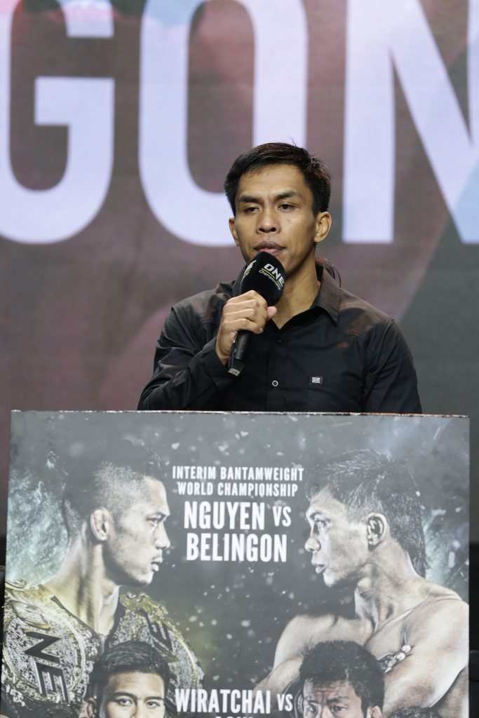 Team Lakay's Kevin Belingon speaks in front of the media prior to his match against Martin Nguyen on Friday