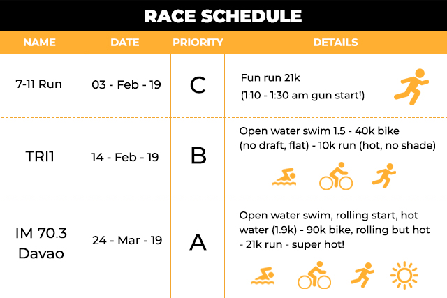 Sample race schedule for the 2019 triathlon season