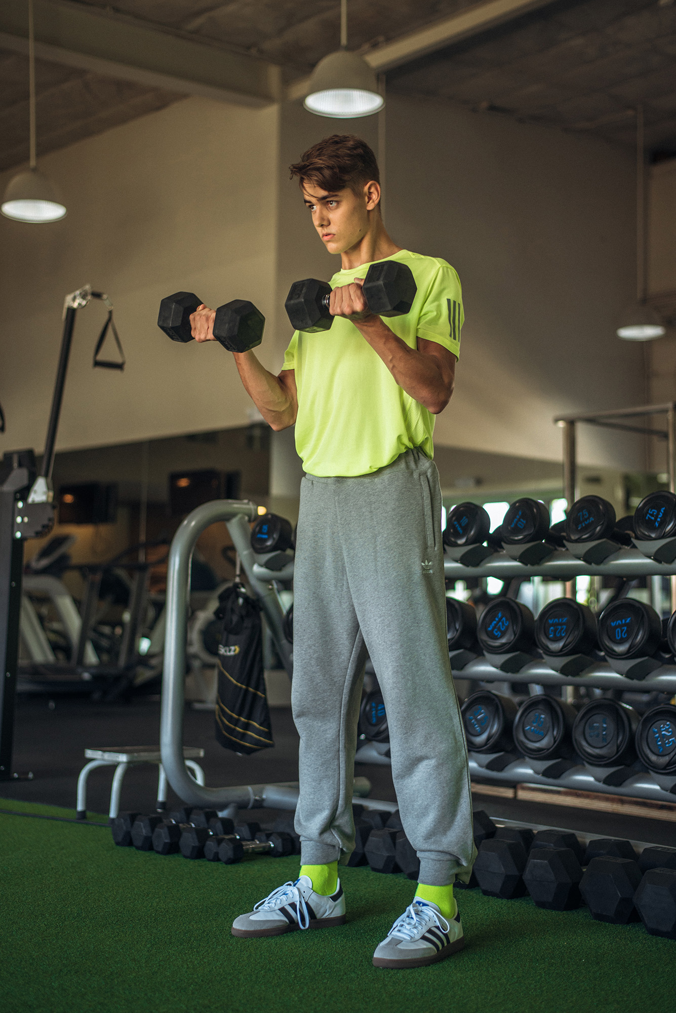 Try a neon tee with equally vivid socks to amp up your athleisure wear