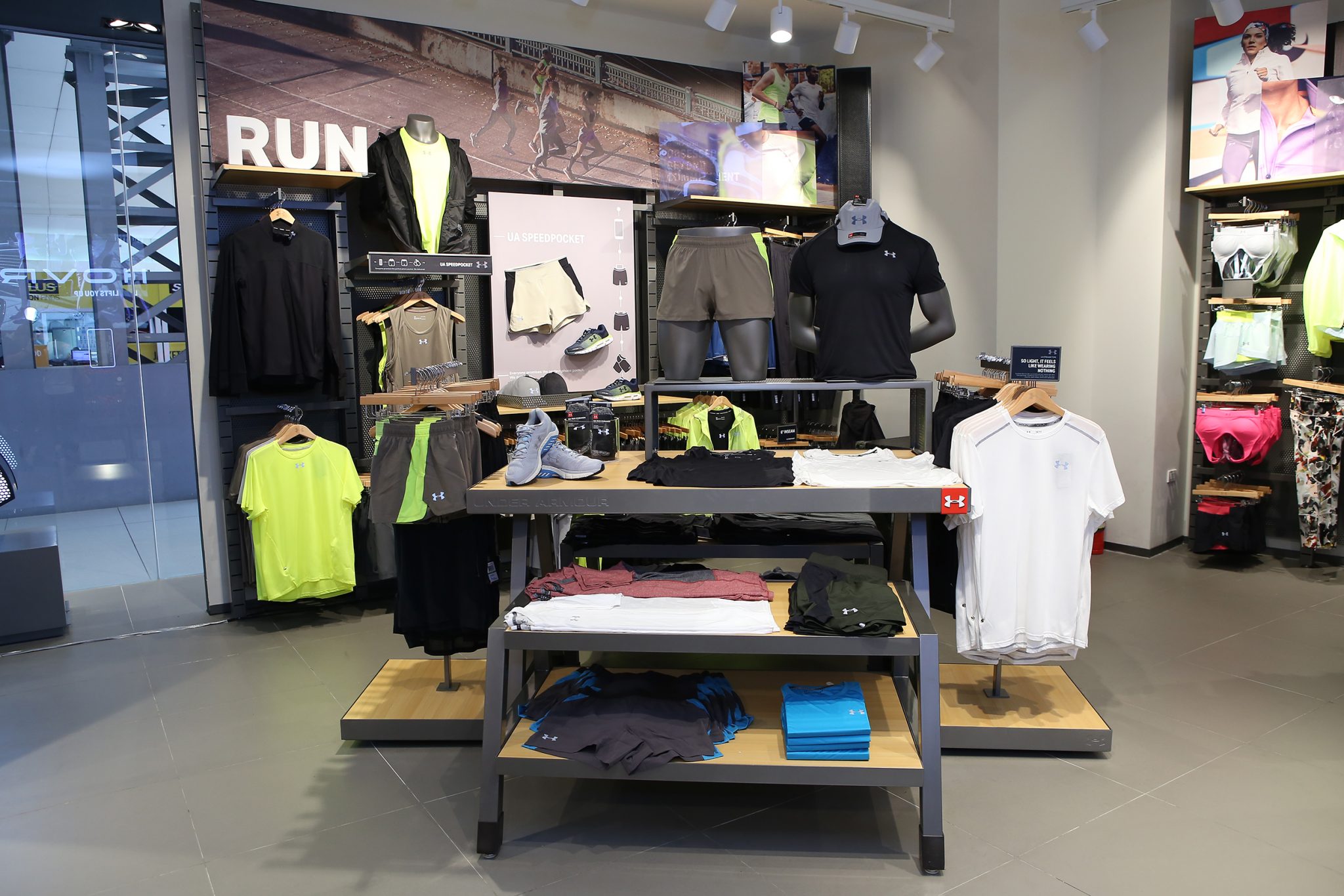 Inside the 290-square meter store, performance wear take center stage but athleisure items are also available