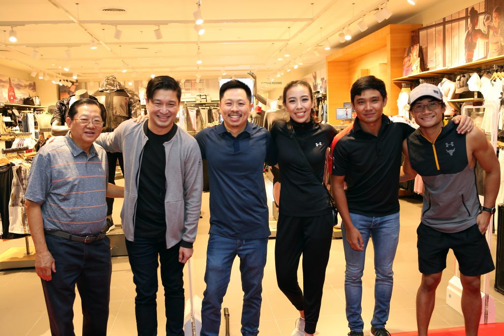 The VIP welcoming committee: APGI director Chan Kok Bin, APGI managing director Warren Sy, APGI president Mark Christian Chan, and Under Armour Ambassadors Kat Geronimo, Nico Evangelista, and Gabb Rosario