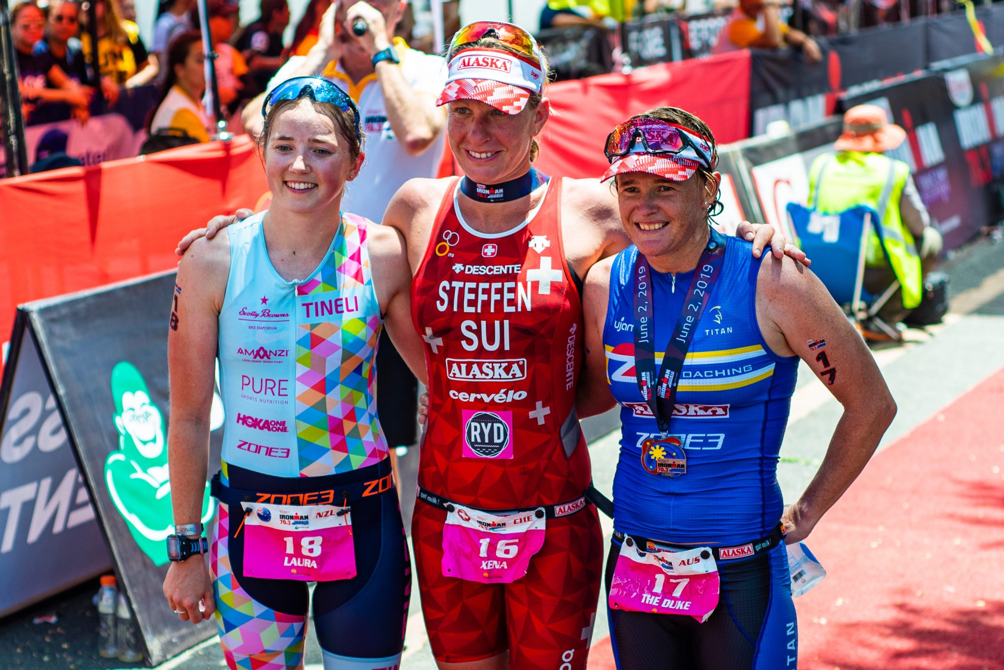 Century Tuna Ironman 70.3 women's top 3 finishers Laura Wood, Caroline Steffen, and Dimity Lee-Duke