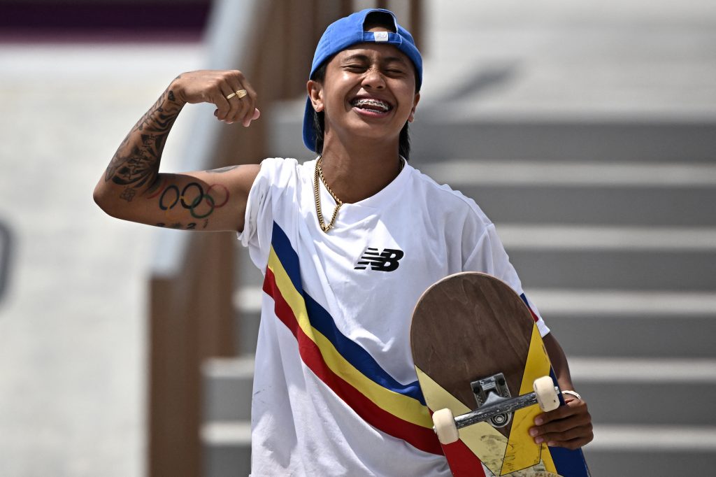 Philippines' Margielyn Arda Didal reacts after competing in the skateboarding women's street final of the Tokyo 2020 Olympic Games at Ariake Sports Park in Tokyo