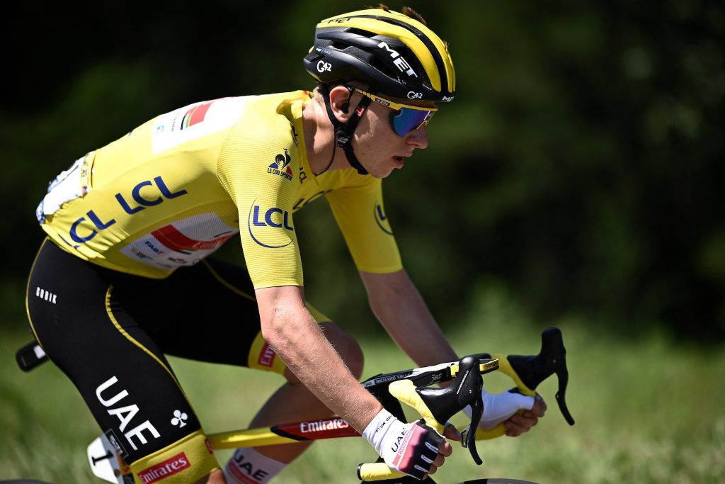 Team UAE Emirates' Tadej Pogacar of Slovenia wearing the overall leader's yellow jersey