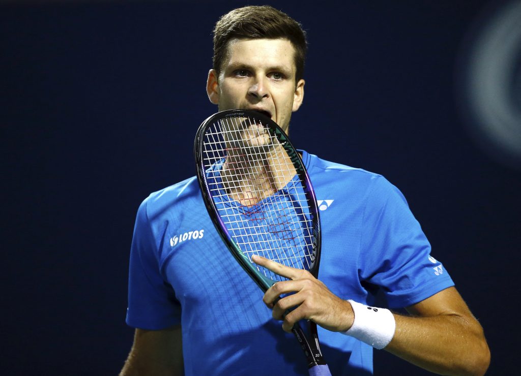 Hubert Hurkacz of Poland reacts after losing a point against Daniil Medvedev of Russia during their quarterfinal match