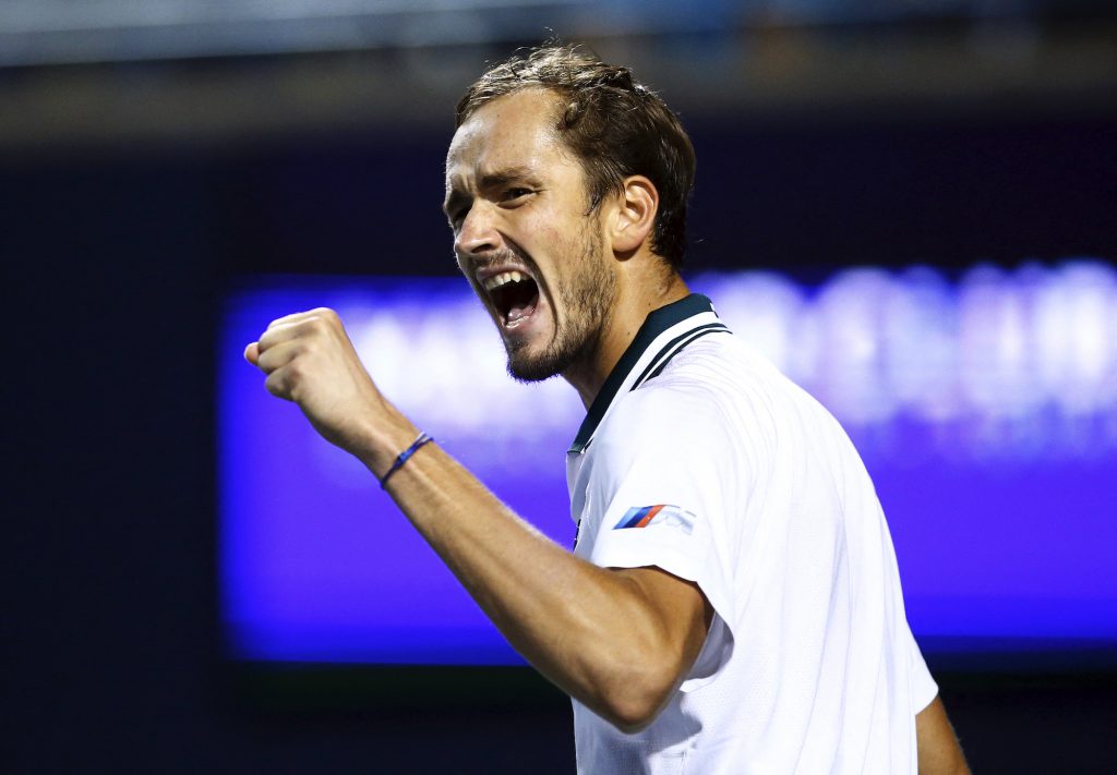 Daniil Medvedev of Russia celebrates a point against Hubert Hurkacz