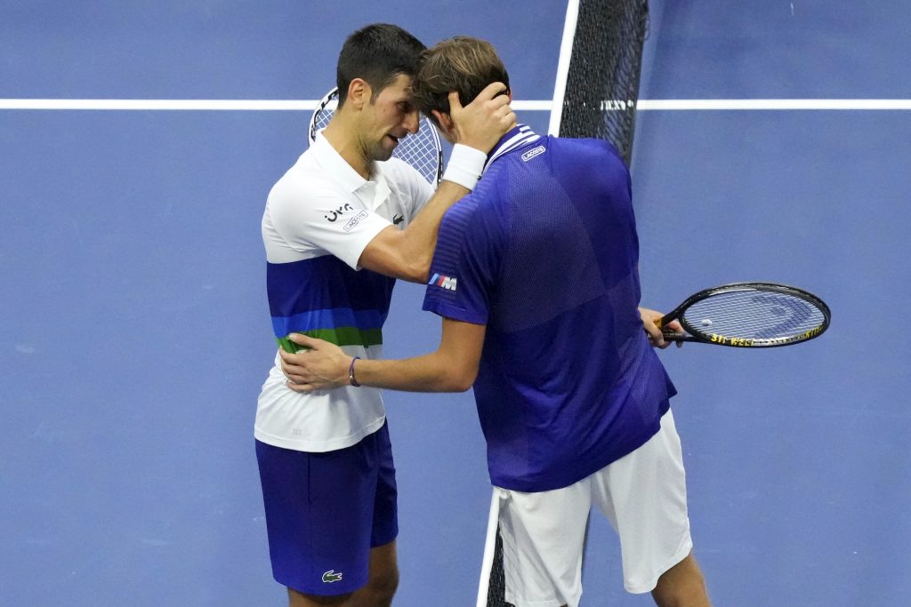 Novak Djokovic congratulates Daniil Medvedev after their match in the men's singles final  of 2021 US Open