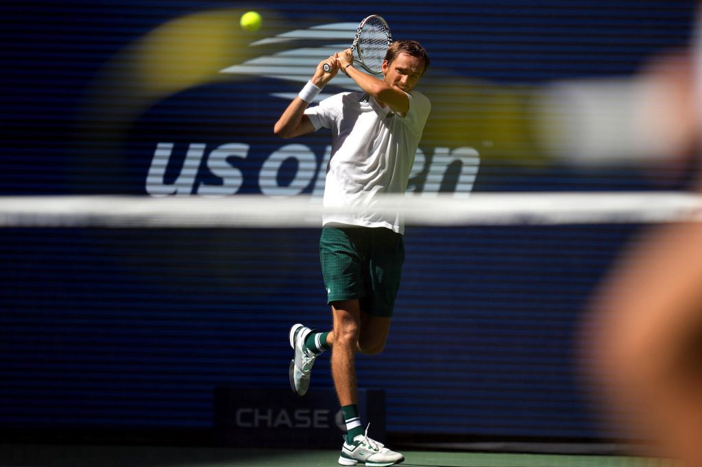 Daniil Medvedev of Russia hits to Botic van de Zandschulp of the Netherlands on day nine of the 2021 US Open