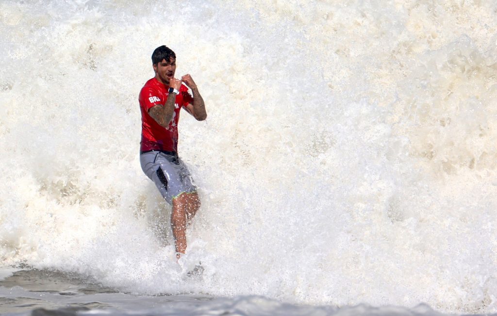 In this file photo, Gabriel Medina of Brazil reacts during his bronze medal match at the 2020 Tokyo Olympics