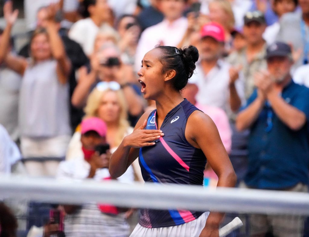 Leylah Fernandez of Canada celebrates after beating Elina Svitolina of Ukraine