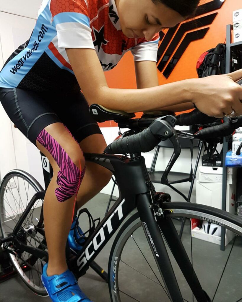 Ines Santiago getting KT taped up as she prepares for her long ride