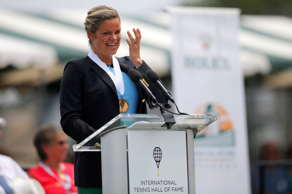 Kim Clijsters of Belgium speaks as she is inducted into the International Tennis Hall of Fame in Newport, Rhode Island on July 22, 2017