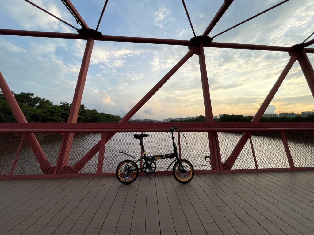 A photo of the HITO Rifle A16 folding bike at Lorong Halus Red Bridge