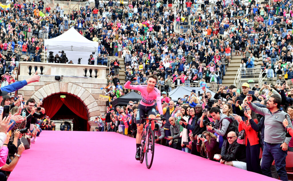 Bora-Hansgrohe's Jai Hindley celebrates after winning Giro d'Italia
