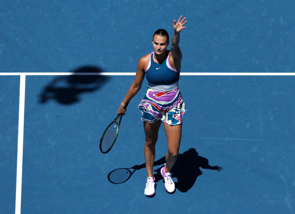 Belarus' Aryna Sabalenka celebrates winning her fourth round match against Switzerland's Belinda Bencic