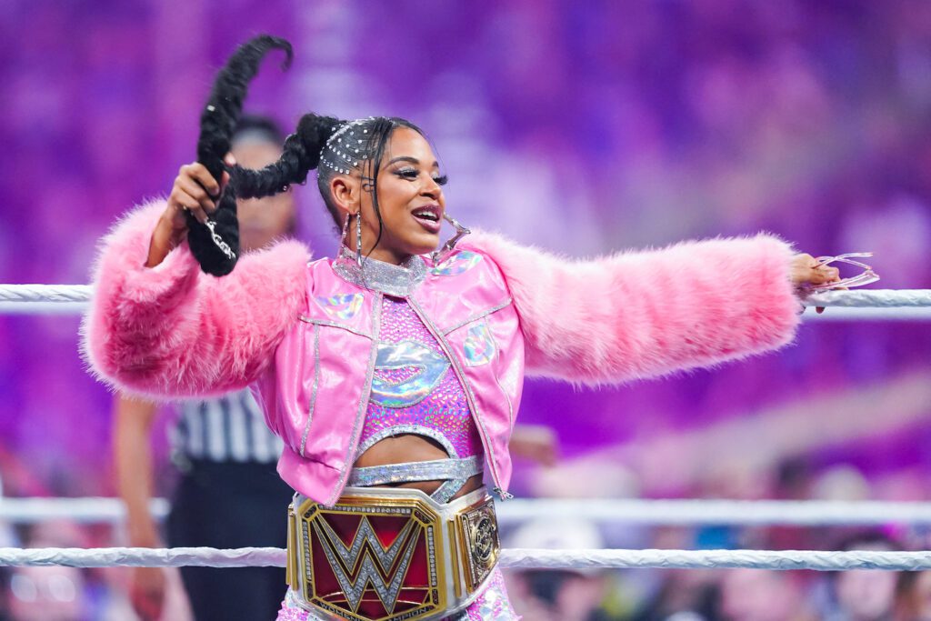 Women's Month: Bianca Belair is introduced prior to the Raw Women's championship during the WWE Royal Rumble event at the Alamodome on January 28, 2023 in San Antonio, Texas