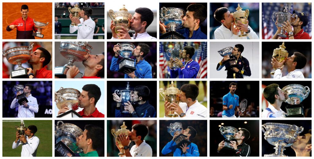Serbia's Novak Djokovic holds each of his 23 Grand Slam championship trophies