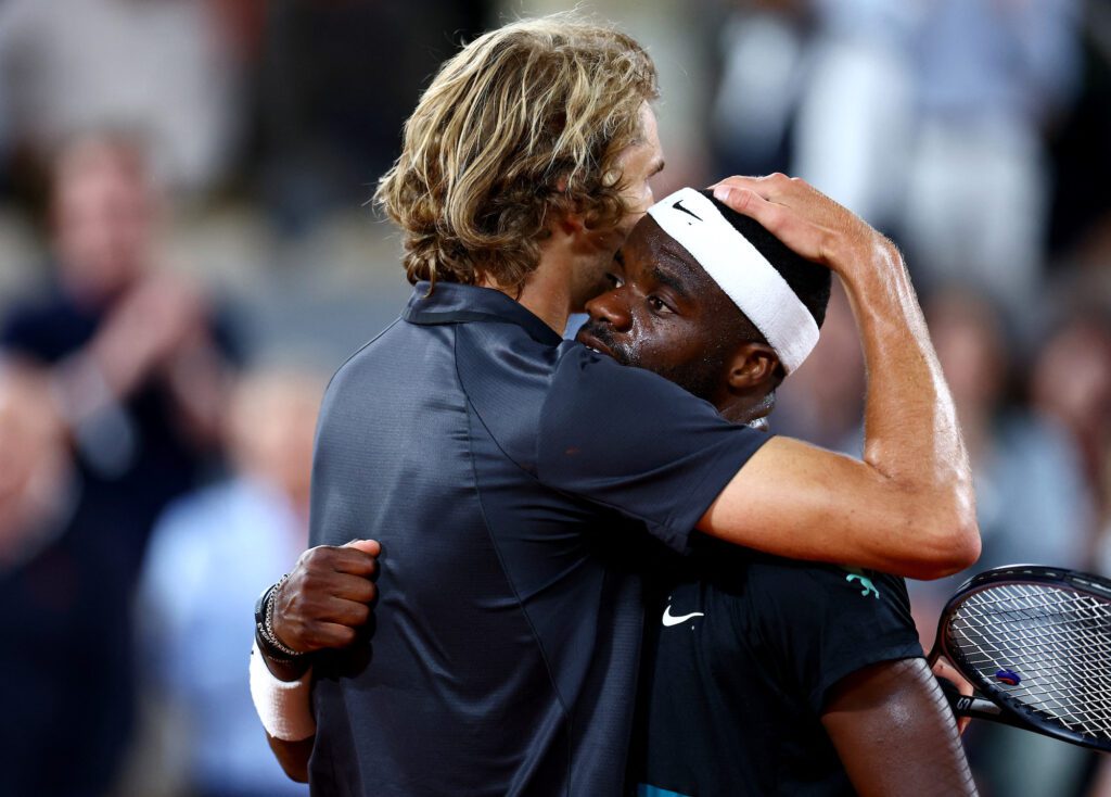 Tennis - French Open - Roland Garros, Paris, France - June 3, 2023 Germany's Alexander Zverev hugs Frances Tiafoe of the U.S. after winning their third round match REUTERS/Lisi Niesner