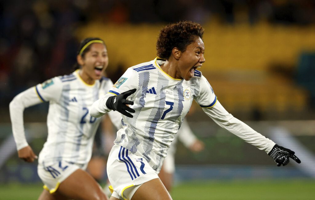 Soccer Football - FIFA Women's World Cup Australia and New Zealand 2023 - Group A - New Zealand v Philippines - Wellington Regional Stadium, Wellington, New Zealand - July 25, 2023 Philippines' Sarina Bolden celebrates scoring their first goal REUTERS/Amanda Perobelli