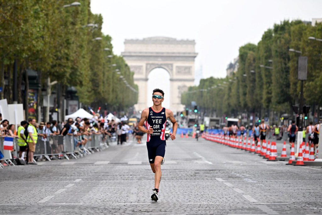 The Arc de Triomphe is seen as Britain's Alex Yee competes during the elite men triathlon test event