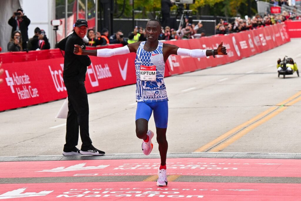 Kelvin Kiptum of Kenya crosses the finish line of the 2023 Chicago Marathon with a new world record time of 2:00:35 | Photo by Jamie Sabau-USA TODAY Sports
