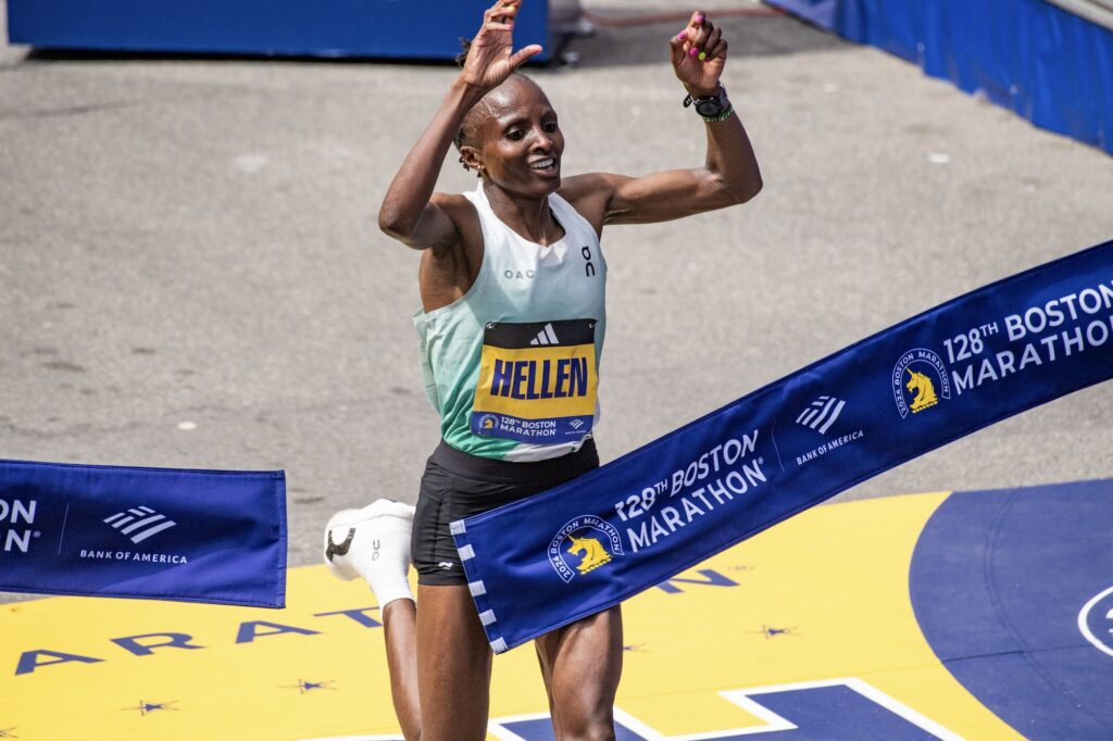 Hellen Obiri of Kenya takes first place in the womenís professional field during the 128th Boston Marathon in Boston, Massachusetts, on April 15, 2024. The marathon includes around 30,000 athletes from 129 countries running the 26.2 miles from Hopkinton to Boston, Massachusetts. The event is the world's oldest annually run marathon. (Photo by Joseph Prezioso / AFP)